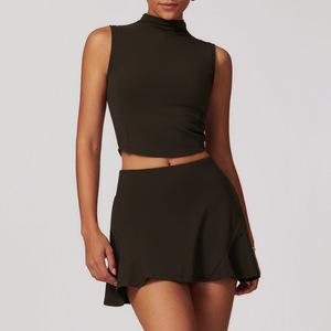 Grosir pakaian yoga kustom untuk olahraga golf pakaian olahraga rok pinggang tinggi dan set atas set tenis wanita - Product Image 5