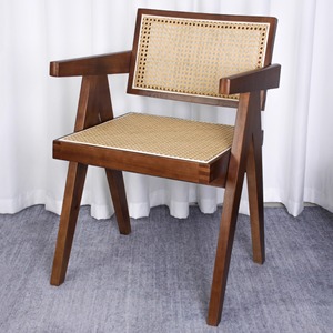 Ghế ăn gỗ nguyên khối với tay vịn mây cổ điển, lưng tựa mây hiện đại, phong cách giản dị, dành cho nhà ở & quán cà phê, bộ sưu tập Chandigarh - Product Image 5