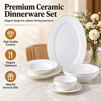 Service de table en porcelaine dorée peinte à la main, motif treillis gaufré blanc, style simplicité moderne, pour la maison et l'hôtellerie, durable et compatible micro-ondes