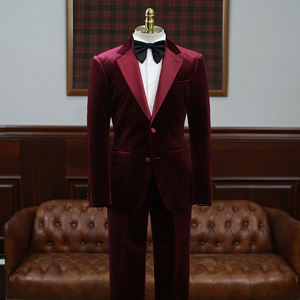 Velours rouge simple boutonnage col à revers cranté coupe ajustée 2 pièces costume <span class=keywords><strong>homme</strong></span> <span class=keywords><strong>pour</strong></span> soirée - Product Image 1