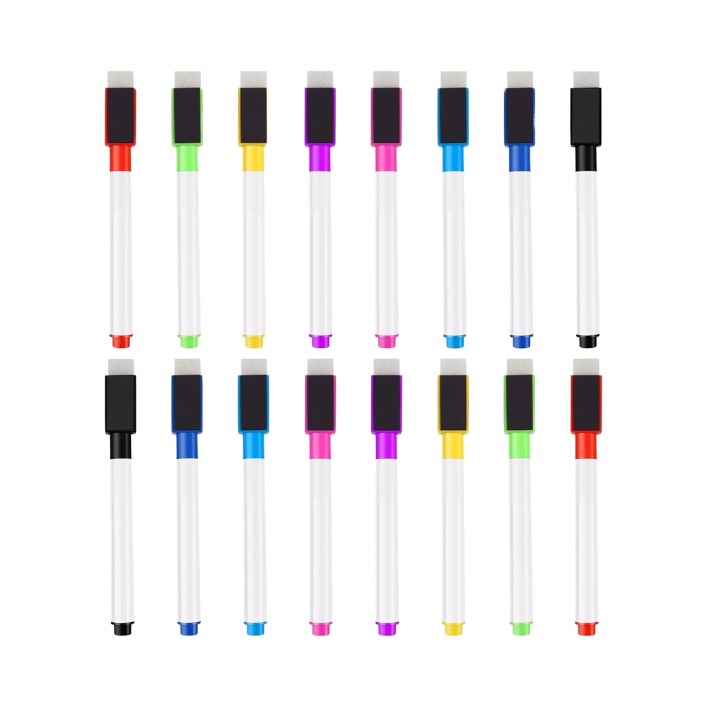KBW 16 Count Fine Point Tip Dry Erase Markers 8 Colors Eraser Cap Low Odor Plastic Dual-Sided Writing Whiteboard Markers For