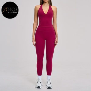 Women's Brushed Halter Deep V 2-Piece Set - Backless <strong>Top</strong> &amp; Sculpting <strong>Leggings</strong> for Yoga &amp; Gym Custom Activewear Sets Available - Product Image 4