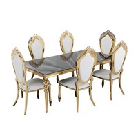 Ensemble de 7 chaises d'hôtel modernes en acier inoxydable doré, table à manger rectangulaire, chaises pour mariage, banquet, événement, villa, extérieur