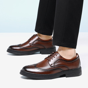 Chaussures habillées en cuir pour hommes, style Oxford, à bout pointu, respirantes, pour l'été, à lacets, motif uni, semelle extérieure en caoutchouc - Product Image 2