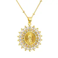 Round Zircon Madonna Pendant, Golden Necklace