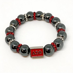 Pulsera personalizada de la hermandad Delta <span class=keywords><strong>DIVA</strong></span> en rojo, blanco y negro con letras griegas y cuentas de piedra en cuerda elástica. - Product Image 2