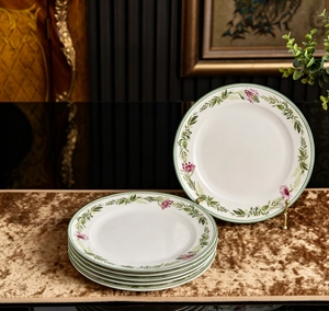Juego de 6 tazones hondos de cerámica con borde floral de hojas verdes, aptos para servir comida, pasta y más. - Product Image 2