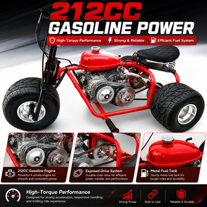 Tricycle à moteur essence 212CC, 4 temps, frein à disque arrière, mini tricycle, karting, moto 212cc, moteur 212cc, sensations fortes à haute vitesse - Product Image 5