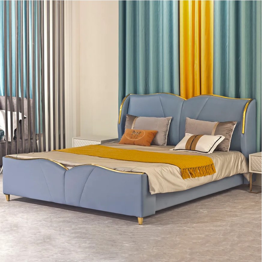 Blue queen faux leather upholstered bed frame low profile platform bed