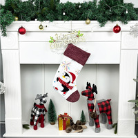 Chaussettes de Noël en polyester rouge et blanc, bordure tricotée, broderie de dessins animés, Père Noël, chiot, chaton, pingouin, sapin de Noël, bonbons de Noël