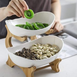 Alzata in bambù a 2 livelli banchetto di nozze ciotola di frutta in ceramica vassoio da Dessert a strati in porcellana a doppio strato con supporto - Product Image 6