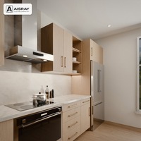 Meuble de cuisine stratifié au design luxueux, configuration îlot, unités modulaires, boîtes en panneaux de particules et tiroirs à fermeture amortie