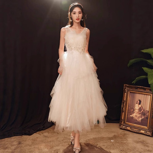 Champagne Evening Gown Women V-Neck Empire Waist A-Line 3D Floral Tulle <b>Dress</b> <b>For</b> Birthday Party <b>Dance</b> Bridesmaid - Product Image 1