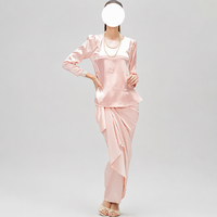 Set Baju Kurung Satin Solid Elegan Kancing Mutiara Lengan Panjang Rok Draped Islami untuk Wanita Pakaian Formal Festival Sopan