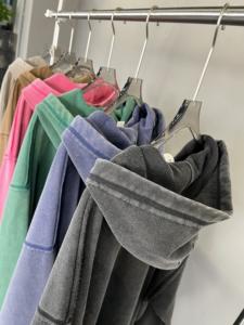 定制批发 450Gsm 重磅抓绒棉混纺复古酸洗毛边拉链连帽衫和运动衫（男款） - Product Image 4