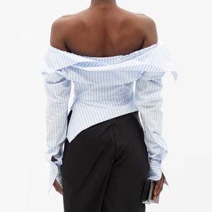 Clothing Wholesale Blouse Women <b>Tops</b> Custom Striped <b>Off</b>-<b>Shoulder</b> Women Blouse Elastic Cotton <b>Long</b> <b>Sleeve</b> Crop <b>Top</b> - Product Image 2