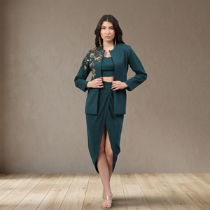 Modern Green Hand Work Summer Casual <b>Blazer</b> Skirt <b>Set</b> Stylish Women Party Wear Ensemble Elegant Silhouette Waterproof Windproof - Product Image 3