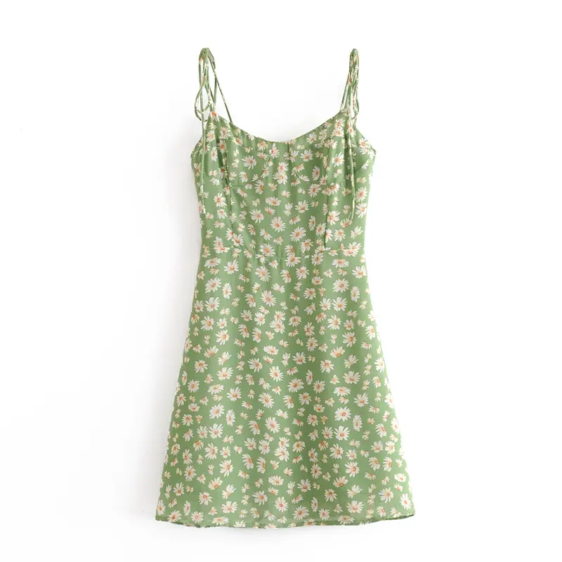 Chic style lace up shoulder strap green color floral print women summer casual mini dresses