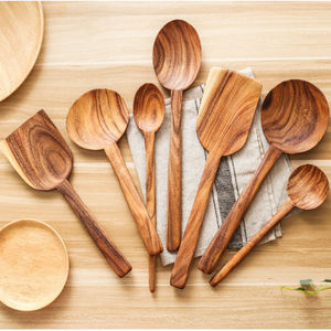 Ensemble de spatules en bois de teck, 7 pièces, ustensiles de cuisine, cuillère, louche, lavage à la main uniquement - Product Image 1