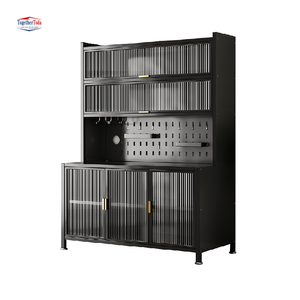 Meuble de rangement de cuisine moderne en métal de style européen, organisateur haut à portes à lattes avec panneau perforé pour essentiels de salon et salle à manger - Product Image 2