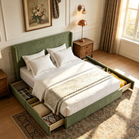 Lit plateforme capitonné en velours vert clair avec tiroirs de rangement latéraux, taille King, pour chambre à coucher