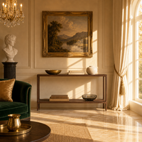 Table console de luxe artisanale, élégante, aux coins arrondis et aux lignes droites épurées, pour les entreprises de design de villas
