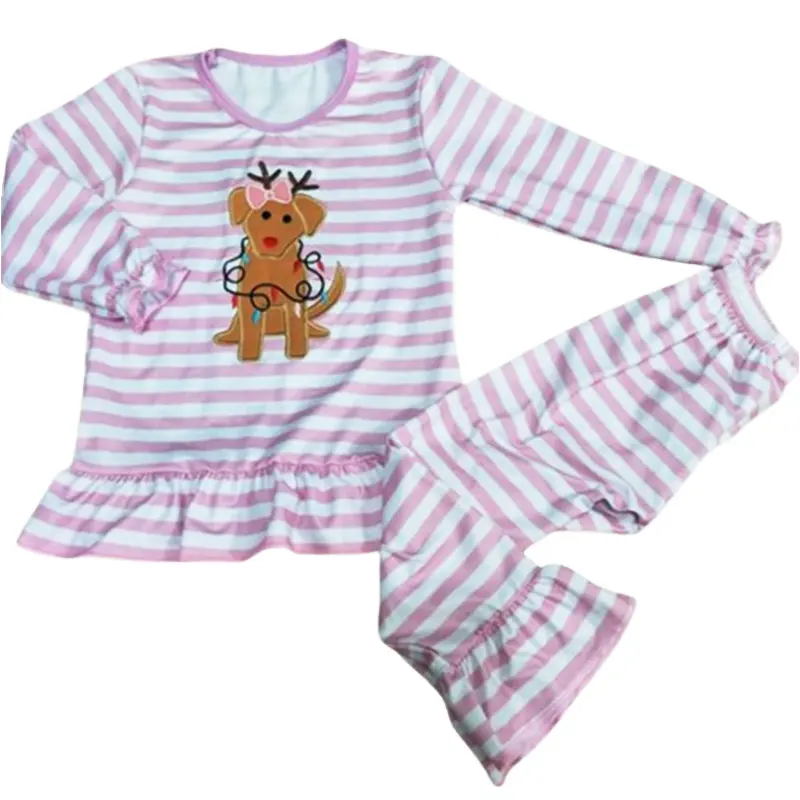 핫 세일 어린이 의류 아기 어린이 의류 세트 패션 유아 소녀 소년 잠옷 의상 스트라이프 셔츠 바지 도매