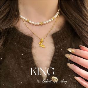 Collier en argent KING avec perles, pendentif papillon plaqué or en argent S925, bijoux de mode pour femmes - Product Image 2