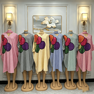 Robe Kaftan Rayée Colorée pour <span class=keywords><strong>Femme</strong></span>, Col en V, Manches Courtes, Coupe Ample, Maxi, Style Africain Bohème, Tenue Décontractée pour les Fêtes, Ramadan, Modeste - Product Image 1