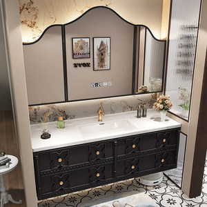 Mueble de Baño de Pared Estilo Vintage Francés Personalizado con <span class=keywords><strong>Lavabo</strong></span> Integrado de Cerámica Curvado en Caliente, <span class=keywords><strong>Lavabo</strong></span> Inteligente para Maquillaje - Product Image 2
