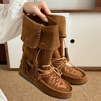 Femmes rétro Cowboy autographe Style daim orteil bottes de Combat 1-3cm talon bas bottines frange automne/hiver mode à lacets