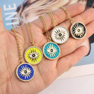 NZ1500 émail coloré CZ Micro Pave mauvais yeux disque <span class=keywords><strong>cercle</strong></span> rond pendentif dames or chaîne en acier inoxydable collier pour femmes - Product Image 1