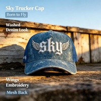 Gorra Trucker de Diseño Personalizado, Estilo Vintage, 5 Paneles, Visera Curva, Denim Lavado, Bordado 3D, Casual, Hip-hop, Unisex, para Exteriores, con Malla