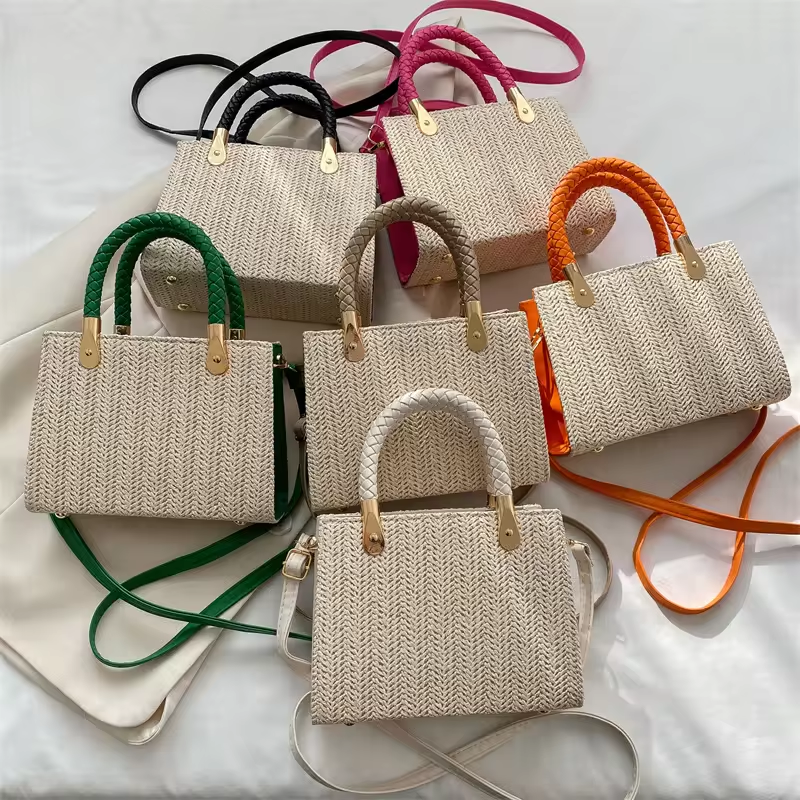 Strandstrohbeutel Sommer Strandhandtasche umweltfreundliche handgemachte gewebte Raffia-Tote-Tasche Damenhandtasche Handtaschen