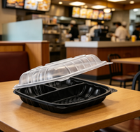 Wegwerp plastic bakje met 3 compartimenten, zwart transparant, scharnierend, voor afhaalmaaltijden/clamshell verpakking