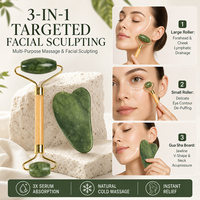 Ensemble de rouleaux de jade en pierre naturelle et Gua Sha, double tête, manche en bois, outil de massage facial pour les rides et les poches des yeux et du corps