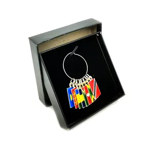 Custom square countries flags design enamel metal wine charms tags string together brass pendants for wine bottle decoration