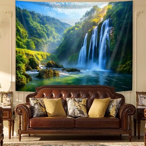 Tapisserie murale en polyester imprimée scène lac aux fleurs de cerisier roses, lavable en machine, décoration murale, vente en gros - Product Image 2
