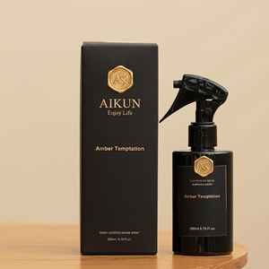 Aikun Black <b>Box</b> 200ML Round Plastic Bottle Metal Badge Custom Scent Long Lasting Fragrance Spray <b>Gift</b> Set for Home Decor Store - Product Image 1