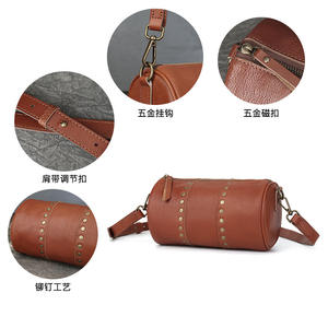 Nuevo bolso cilíndrico con tachuelas de cuero genuino, bolso de hombro tipo bandolera de grano superior curtido vegetal Retro para mujer - Product Image 5