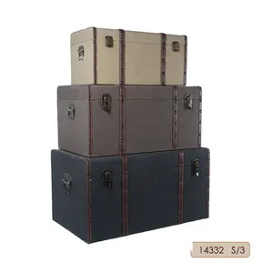 Canvas Surface with Decorative Leather Belts MDF Wooden Storage Trunk Boxes Set