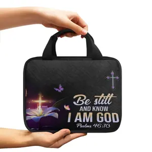 Lírios Flores Cruz Design Tampa Bíblia Carregando Book Case Church Bag com Alça e Zippered Handbag Presente Perfeito para Homens Senhora