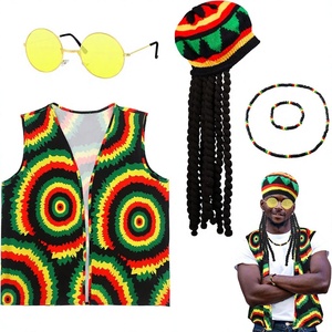 5-teiliges Rasta-Kostüm-Zubehör-Set, Jamaikanisches <span class=keywords><strong>Reggae</strong></span>-Outfit-Kit, T-Shirts, Hüte, Sonnenbrillen, Halsketten, Armbänder für Erwachsene, Männer und Frauen - Product Image 1