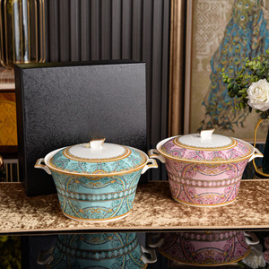 Elegant Floral Print Ceramic Soup Pot Set With Lid Multicolor Porcelain Soup Tureen in Gift Box for Wedding Gift - Product Image 5