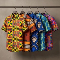 Kemeja Afrika ODM Vibrant untuk Pria, Motif Geometris Tribal, Lengan Pendek, Atasan Dashiki Kasual, Kancing Kayu, Anti Kusut, 100% Katun