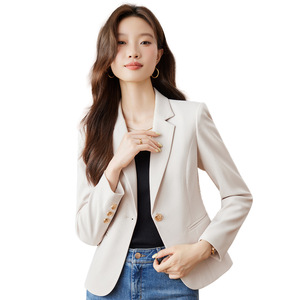 Women's Blazer Apricot Color Solid Short Style Casual No-Wrinkle Treatment Polyester Fabric - Product Image 5