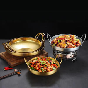 Poêle à <span class=keywords><strong>paella</strong></span> coréenne en acier inoxydable à double oreille pour fruits de mer secs et ramen avec ustensiles de cuisine en métal doré et argent - Product Image 1