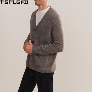 Cardigan en cachemire OEM/ODM pour hommes, marron chiné, col en V, poches plaquées, bordure côtelée, style streetwear, pulls pour hommes, fabricants en gros - Product Image 4