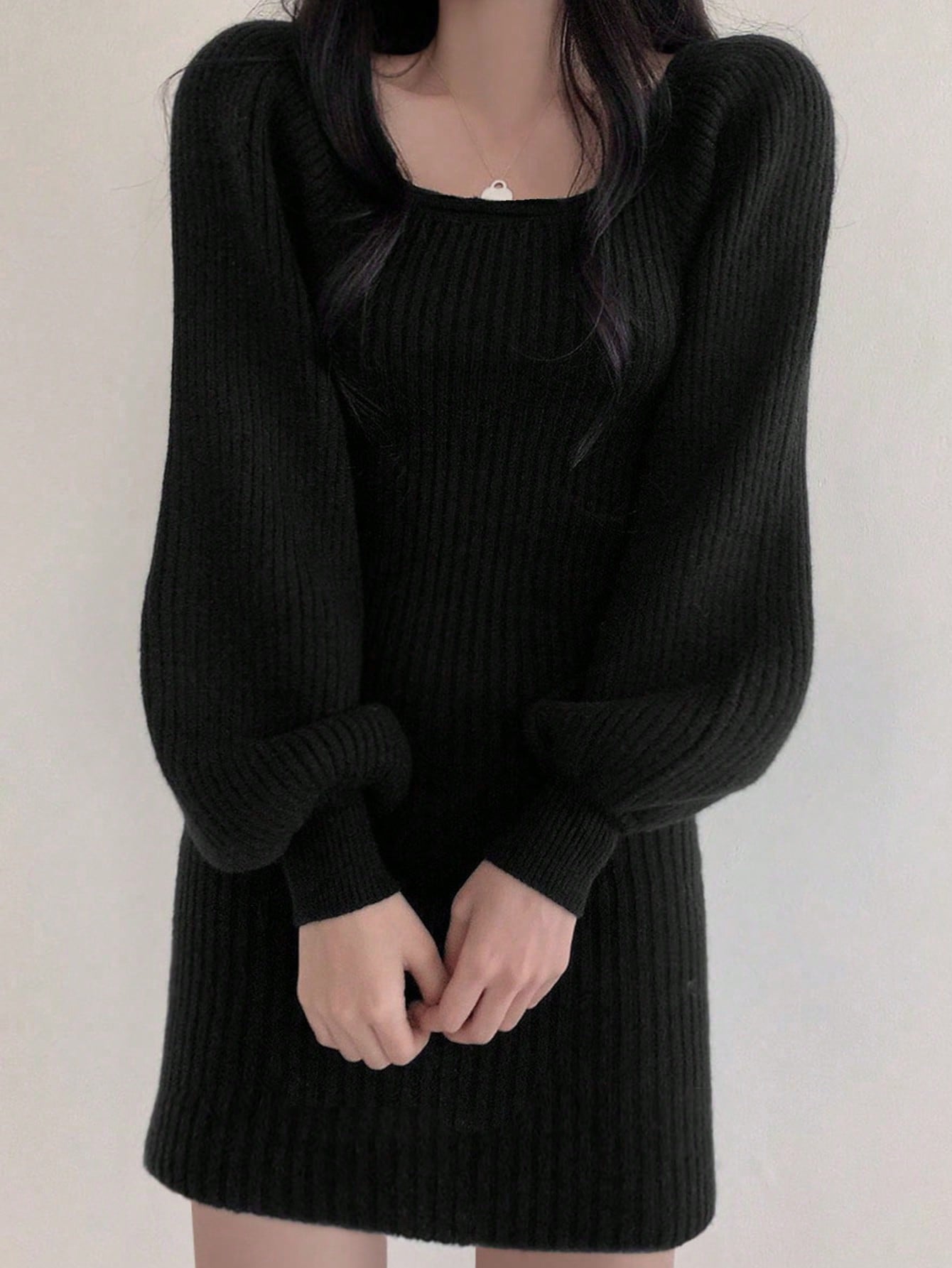 navy blue knitted dress long sleeve Solana V-Neck Sweater Dress Sheath Long Sleeve Midi