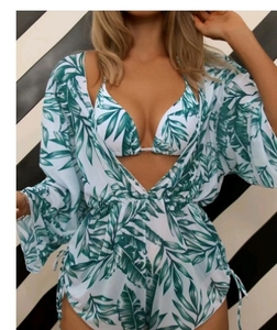 Nouveauté 2024 Ensemble trois pièces pour femmes européennes et américaines avec imprimé feuilles <span class=keywords><strong>Bikini</strong></span> et maillot de bain à manches longues pour la plage - Product Image 4